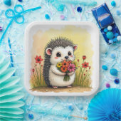 フラワーブーケ付きハリネズミ ペーパープレート (パーティー)