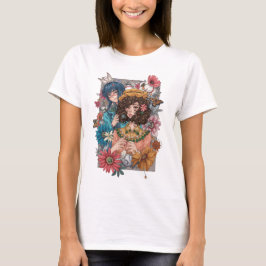フラワープリントTシャツのボヘミアンガール Tシャツ