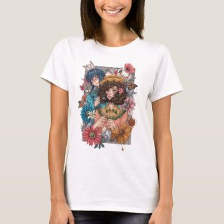 フラワープリントTシャツのボヘミアンガール Tシャツ