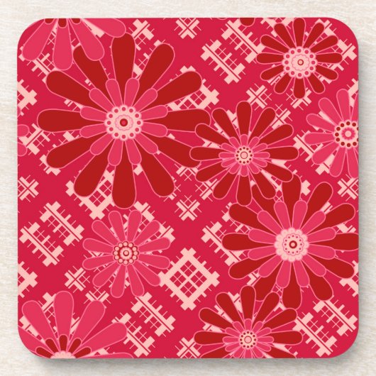 フラワープレイド、フローラ、プレイド、赤、赤、素朴 コースター (正面)