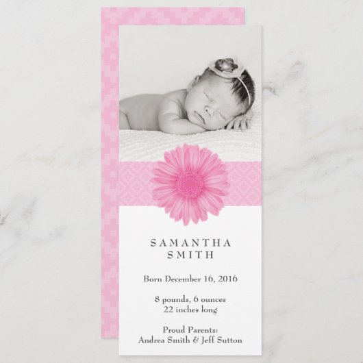 フラワーヘアバンドの誕生発表 4" x 9.25" 案内状 (正面/裏面)