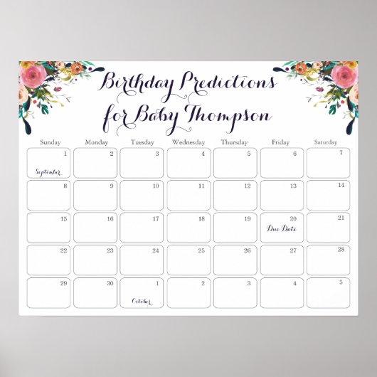 フラワーベイビーシャワーバースデー予測カレンダー ポスター (正面)