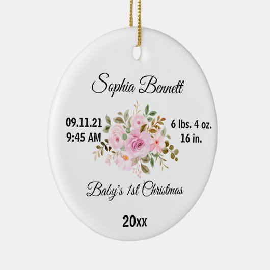 フラワーベビーの初めてのクリスマスとカスタム誕生の統計情報 セラミックオーナメント (右)