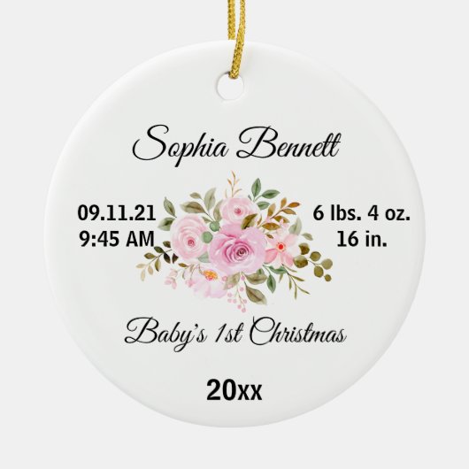 フラワーベビーの初めてのクリスマスとカスタム誕生の統計情報 セラミックオーナメント (正面)
