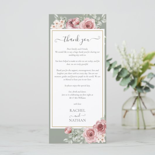 フラワーベースのサググリーン ウェディング お礼のメッセージカード メニュー (スタンド正面)