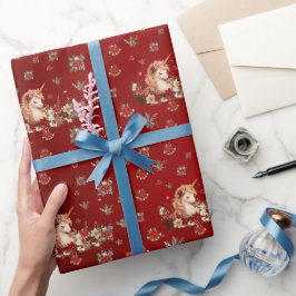 フラワーホワイトクリスマスユニコーン 赤 レディース ギフトラッピングペーパー ラッピングペーパー