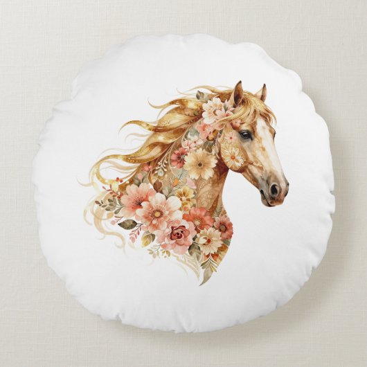 フラワーホース枕 ボヘミアン風 馬のインテリア雑貨 ラウンドクッション (正面)