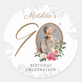 フラワーボタニカルカスタムフォト90歳の誕生日 ラウンドシール