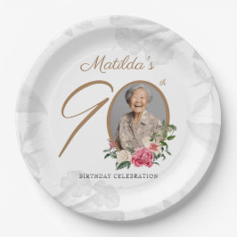 フラワーボタニカル 写真入り 90歳の誕生日パーティー ペーパープレート