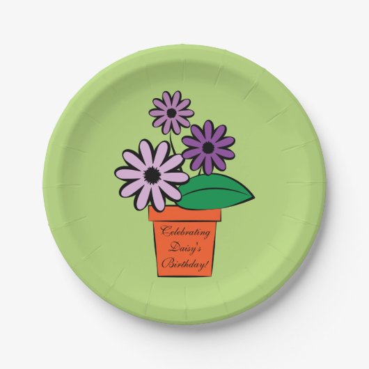 フラワーポットパープルデイジー パーソナライズされた ペーパープレート (正面)