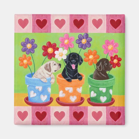 フラワーポットラブラドールパピーズ マグネット (正面)