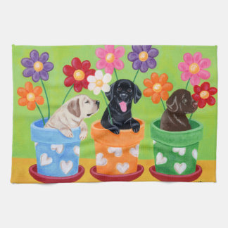 フラワーポットラブラドールパピー絵画ズ キッチンタオル