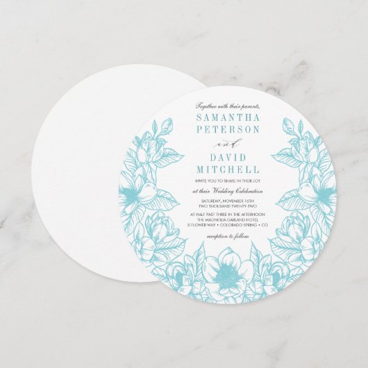 フラワーマグノリアリース | 淡い青 | 結婚式 招待状 (正面/裏面)