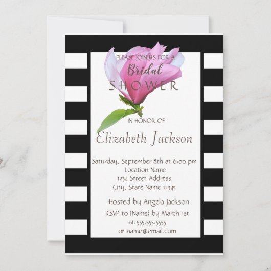 フラワーマグノリア白黒ストライプブライダルシャワー 招待状 (正面)