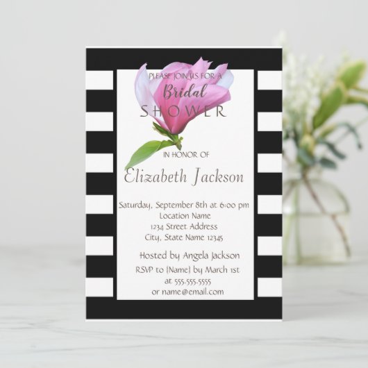 フラワーマグノリア白黒ストライプブライダルシャワー 招待状 (スタンド正面)