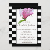 フラワーマグノリア白黒ストライプブライダルシャワー 招待状 (正面/裏面)