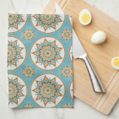 フラワーマンダラ、ターコイズ キッチンタオル (四つ折り)