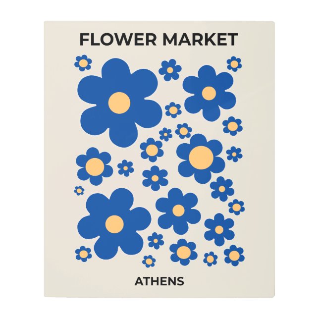 フラワーマーケットアテネフローラブルーイエローフラワー メタルプリント (正面)