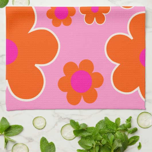 フラワーマーケットアムステルダムレトロフラワーズピンクオレンジ キッチンタオル (折り畳み)