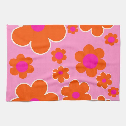 フラワーマーケットアムステルダムレトロフラワーズピンクオレンジ キッチンタオル (横)