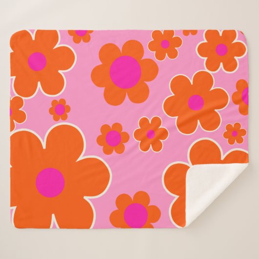 フラワーマーケットアムステルダムレトロフラワーズピンクオレンジ シェルパブランケット (正面(横))