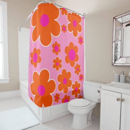 フラワーマーケットアムステルダムレトロフラワーズピンクオレンジ シャワーカーテン (インサイチュ)
