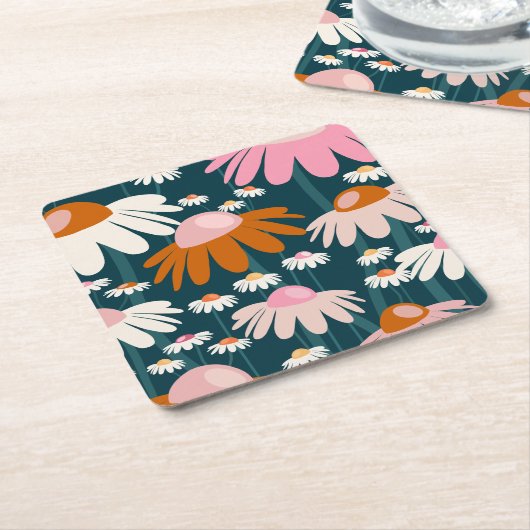 フラワーマーケットストックホルムネイビーブルーレトロフローラ スクエアペーパーコースター (アングル)