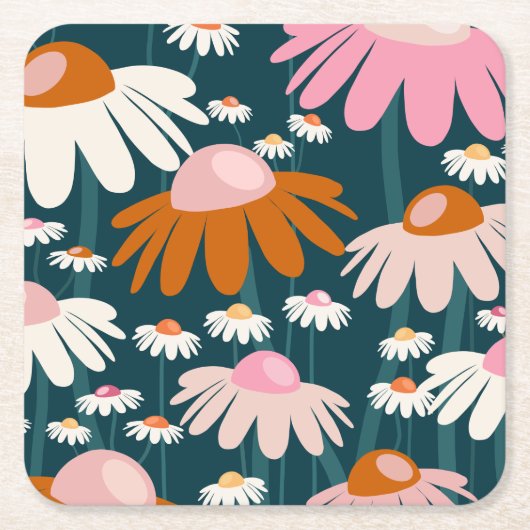 フラワーマーケットストックホルムネイビーブルーレトロフローラ スクエアペーパーコースター (正面)