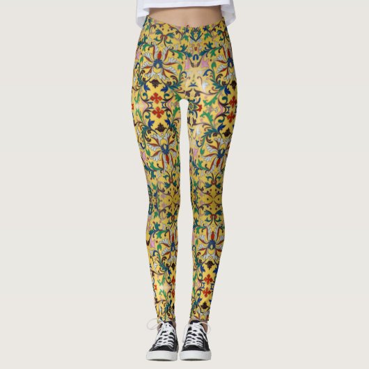 フラワーマーケットヴィンテージ黄色ワイルドフラワーボタニカル レギンス (正面)