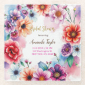 フラワーミニマリストカリグラフィーブライダルシャワーカード ガラスコースター (正面)