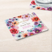 フラワーミニマリストカリグラフィーブライダルシャワーカード スクエアペーパーコースター (アングル)