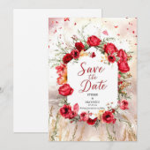 フラワーミニマリスト紅赤のバラ結婚ズ セーブザデート (正面/裏面)