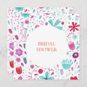 フラワーメドーウォーター色ティール（緑がかった色）ブライダルシャワー 招待状 (正面/裏面)