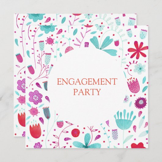 フラワーメドーウォーター色ティール(緑がかった色)婚約パーティ 招待状 (正面/裏面)