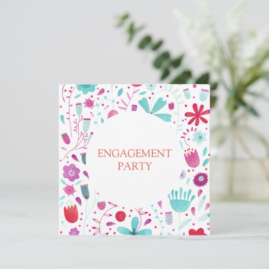 フラワーメドーウォーター色ティール(緑がかった色)婚約パーティ 招待状 (スタンド正面)