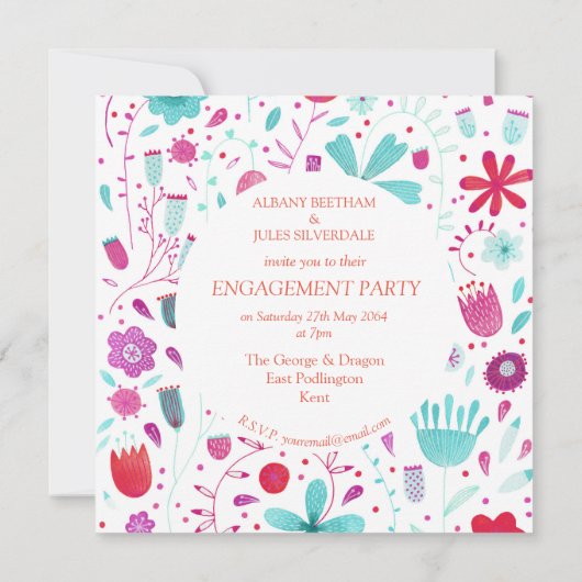 フラワーメドーウォーター色ティール(緑がかった色)婚約パーティ 招待状 (裏面)