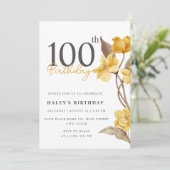 フラワーモダンエレガントシンプル イエロー 100歳の誕生日 招待状 (スタンド正面)