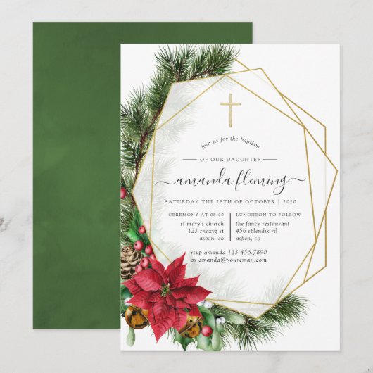 フラワーモチーフのクリスマス幾何学模様の洗礼式または命名式 招待状 (正面/裏面)