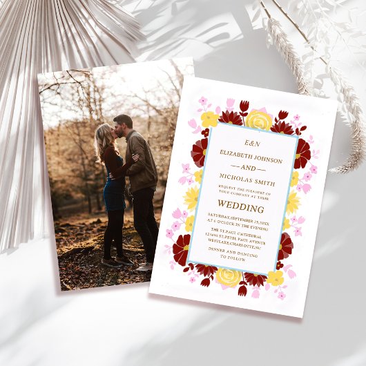 フラワーモチーフのユニークでカラフルな写真入り結婚式招待状 招待状