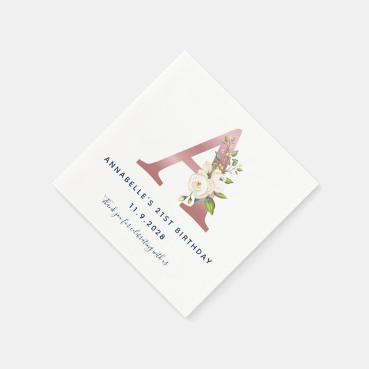 フラワーモノグラムイニシャル 21歳の誕生日 ローズゴールド スタンダードカクテルナプキン (角)
