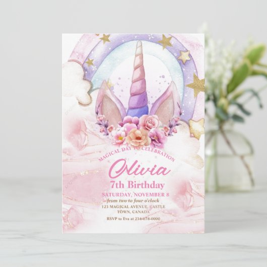 フラワーユニコーンとレインボーウォーターのカラー誕生日 招待状 (スタンド正面)