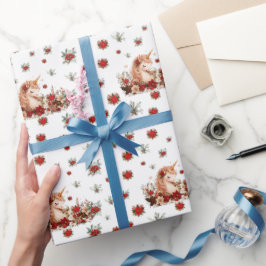 フラワーユニコーンのクリスマスキッズ用ホワイト包装紙 ラッピングペーパー