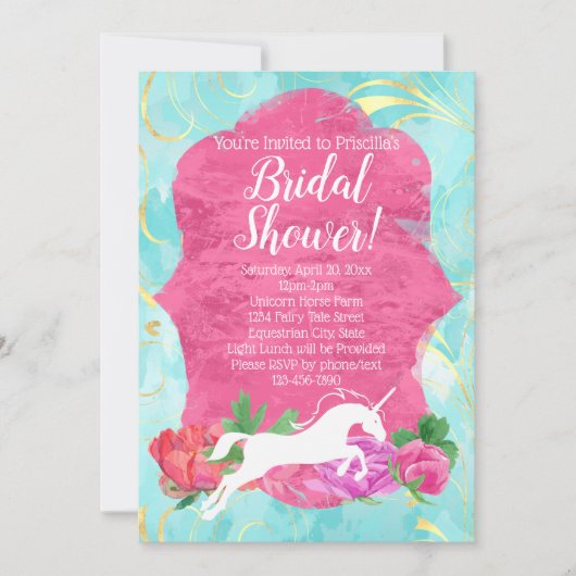 フラワーユニコーンファンタジー馬術ブライダルシャワー 招待状 (正面)