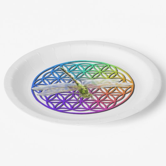 フラワーライフもしドラゴンフライのアートの神聖なジオメトリ ペーパープレート (アングル)