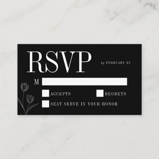 フラワーラインアートの風情ある黒のエレガントな結婚式RSVP エンクロージャーカード (正面)