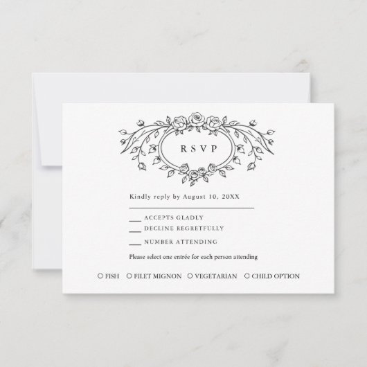 フラワーラインアート結婚式返信カード 出欠カード (正面)