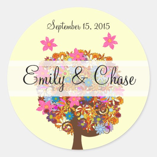 フラワーラブツリーピンク結婚フラワーズシール ラウンドシール (正面)
