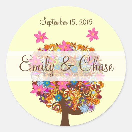フラワーラブツリーピンク結婚フラワーズシール ラウンドシール (正面)