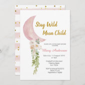フラワーリングとピンクのムーンベイビーシャワー 招待状 (正面/裏面)