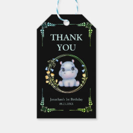 フラワーリースかわいいヒッポ誕生日サンキューブラック ギフトタグ